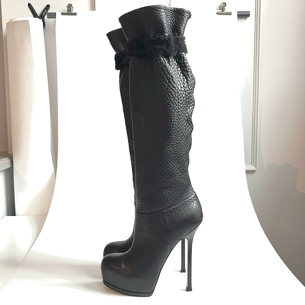 Yves Saint Laurent Tribtoo 105 Nero Nappa Shearling Platform Knee-High Boots